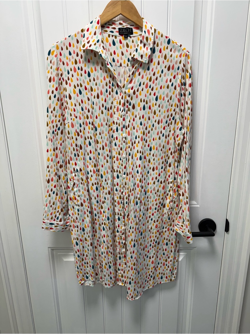 White Midi Shirt Dress with Multicolor Raindrop Print